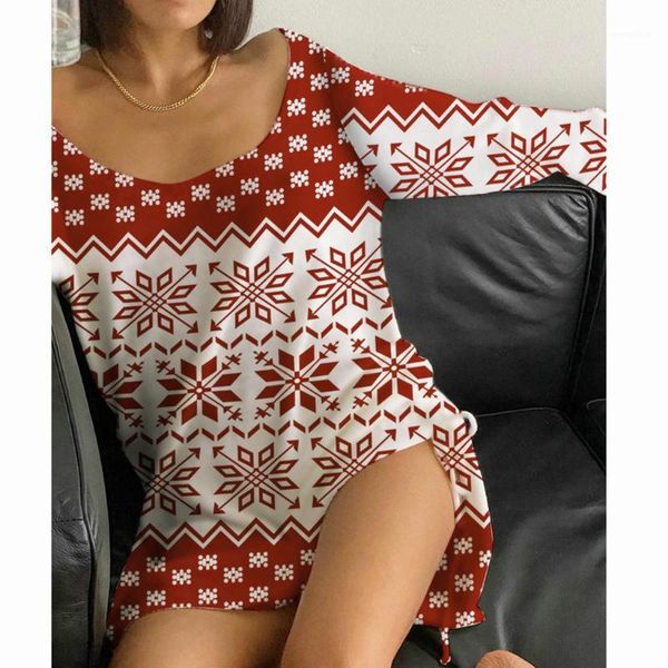 

women christmas print u-neck long sleeve dress loose-fit christmas dress oversized female winter fashion dresses 2020 #31, Black;gray
