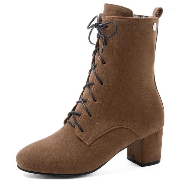 

female fashion brand metal women shoes round toe classic brand boots women flock lace up med heel mid calf boots1, Black