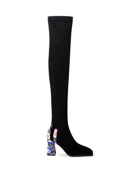 

womens pointy toe over the knee thigh boots 3d butterfly printed floral match colors stretchy block high heel shoes long slim, Black
