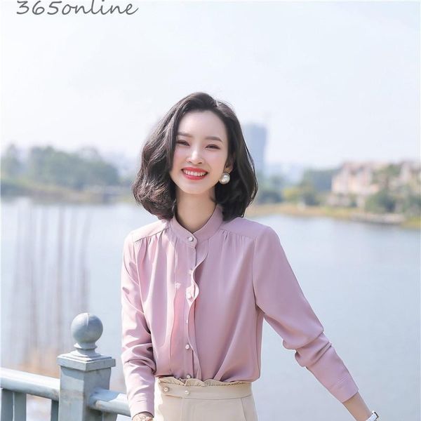 

fashion pink chiffon blouses shirts long sleeve for women spring summer office work wear blouse casual styles clothes1, White
