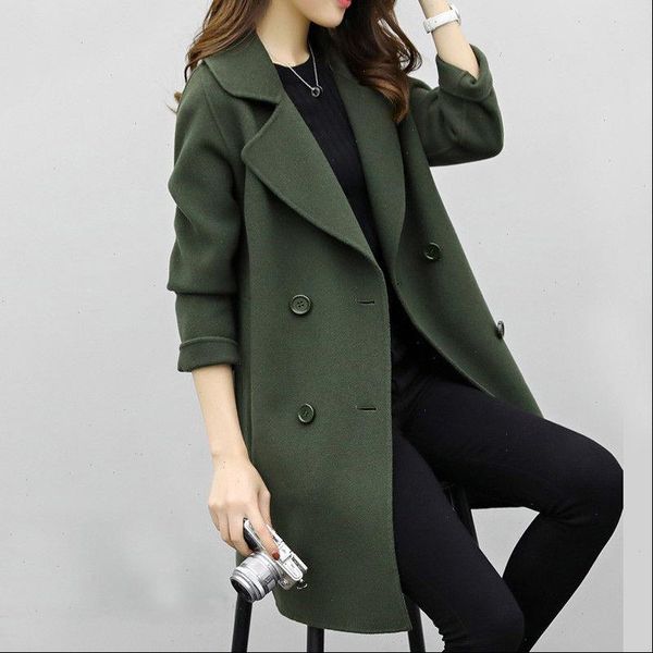 

new wool amp blends women autumn turn down collar casual outwear jackets thin elegant ladies overcoat trench coat plus size, Black