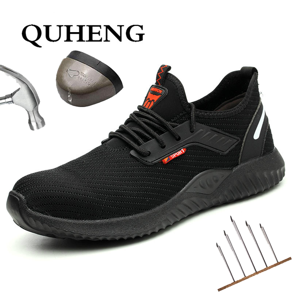 

quheng air mesh steel toe work shoes breathable working shoes man safety lightweight puncture-proof safety boots dropshipping, Black