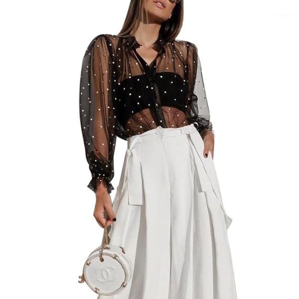 

fashion women blouses sheer see through blouses and shirts clothes dot long sleeve shirts womens clothing1, White