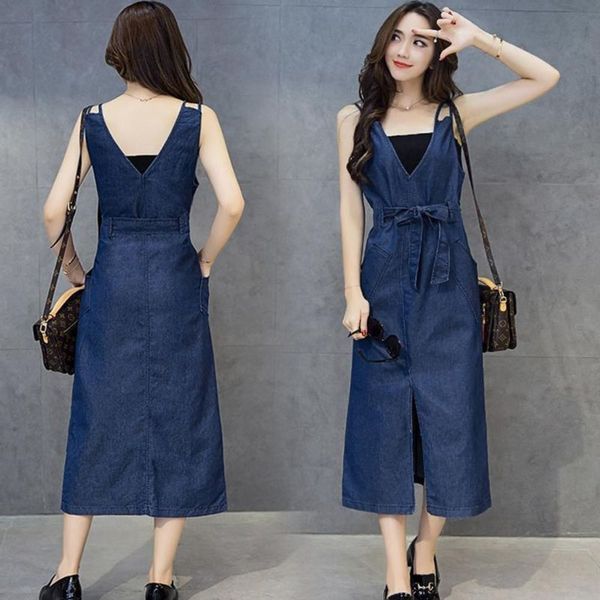 

v-neck summer 2020 new street strap open back loose suspender long denim dress trend, Black;gray