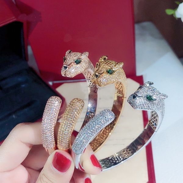 

european and american women's bracelet jewelry gold-plated full diamond half circle diamond-studded leopard green eye leopard head elas, Black