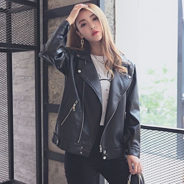 

2020 new loose pu faux leather jacket women classic moto biker jacket spring autumn lady basic coat plus size outerwear 201124, Black