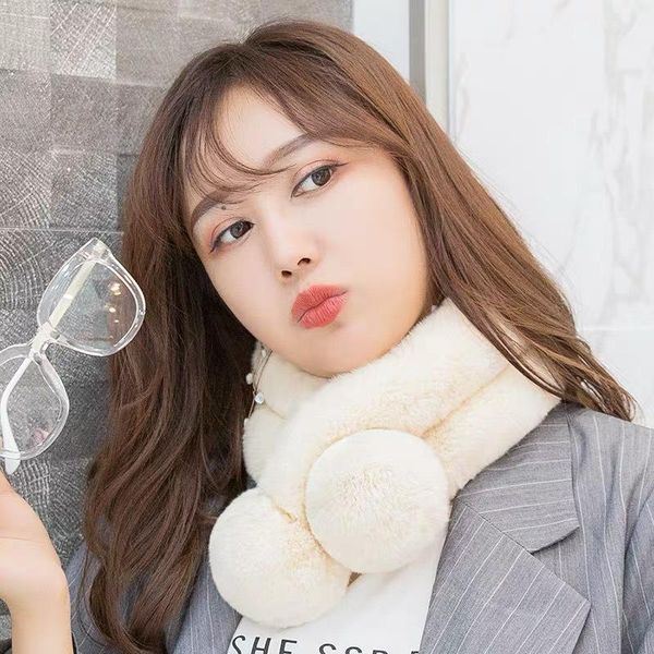 

scarves scarf female autumn and winter fashion fur plush thick warm solid color ball cross student children, Blue;gray