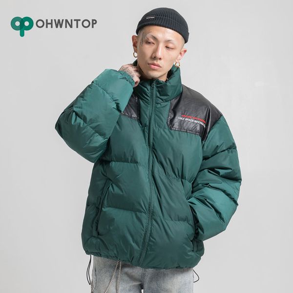 

winter color block patchwork cotton padded puffer parkas men streetwear hip hop harajuku casual thick warm parka jackets coats, Black