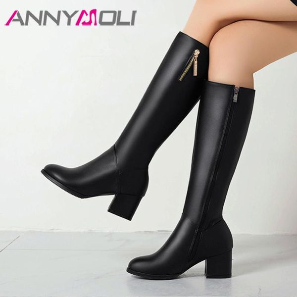 

annymoli woman boots high heel long boots block heel knee high zip round toe female shoes autumn winter black plus size 43