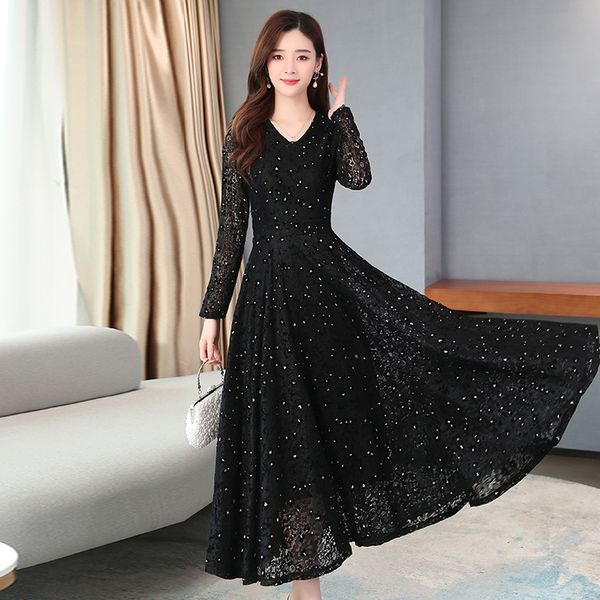 

vintage black lace midi sequin dresses spring summer 3xl plus size runway maxi dress elegant women bodycon party vestidos 201204, Black;pink