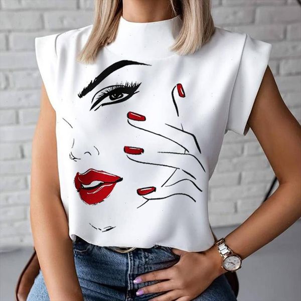 

fashion women elegant lips print and blouse shirts 2021 summer ladies office casual stand neck pullovers eye blusa, White
