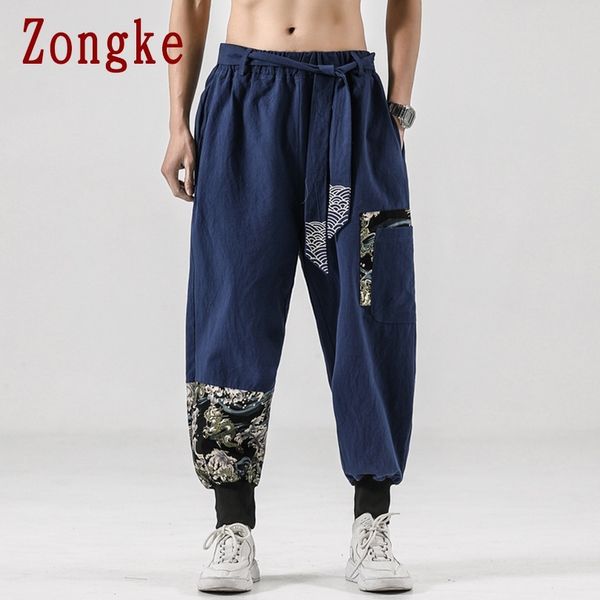 

zongke 2020 autumn patchwork casual harem pants men clothing joggers japanese streetwear linen trousers hip hop tracksuit m-5xl q1219, Black