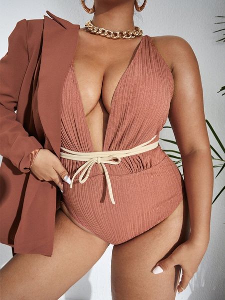 

plus lace up plunging one piece swimsuit s1n6#, Black