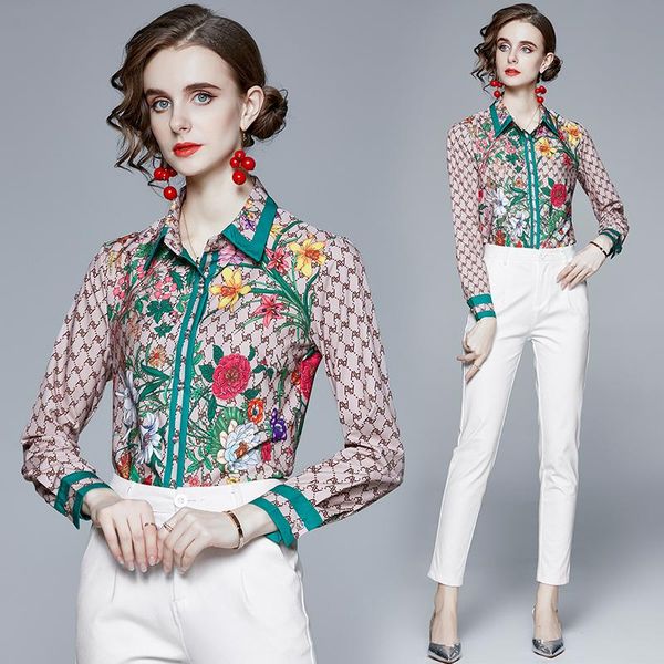 

spring summer fall runway floral letters print collar long sleeve turn-down neck womens ladies party casual shirts blouse, White