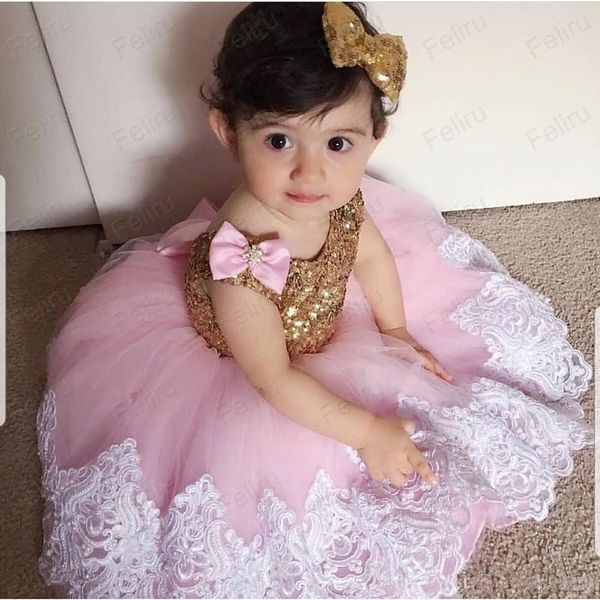

pink lace flower girl dresses with gold sequined ball gown tulle little girl wedding dresses vintage communion pageant dresses y200713, Blue