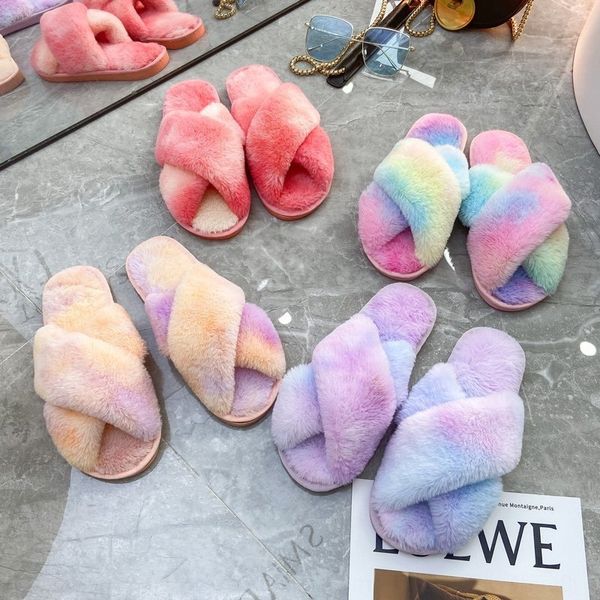 

er33v autumn and winter fashion home rainbow colorful cross plush slippers women's home open toe cotton slippers size 42, Black