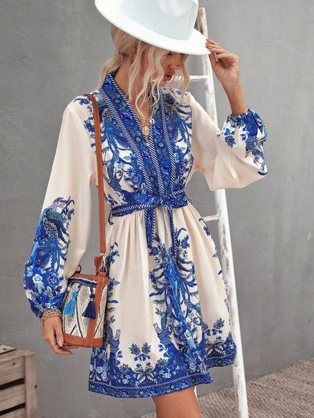 

floral print lantern sleeve belted dress c3hq#, Black;gray