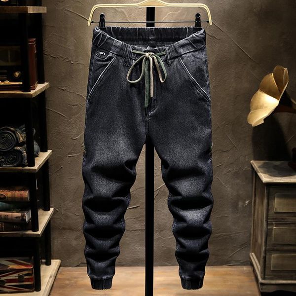 

men's jeans brand stretch harem 2021 fashion elastic waist streetwear black dark gray cotton pants, Blue