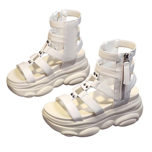 

sandals summer high platform women boots peep toe ankle strap side zip comfortable thick wedge ladies beach sneakers shoes1, Black