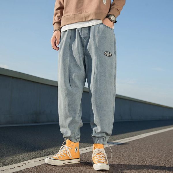 

japan style men jeans harem pants loose solid color blue black denim casual pantship elastic string waist denim trousers