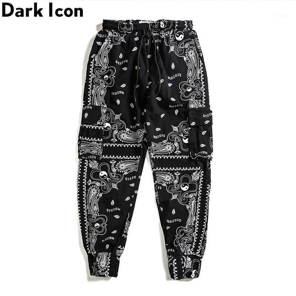

dark bandana jogging pants men women elastic waist side pockets men's pants trousers1, Black