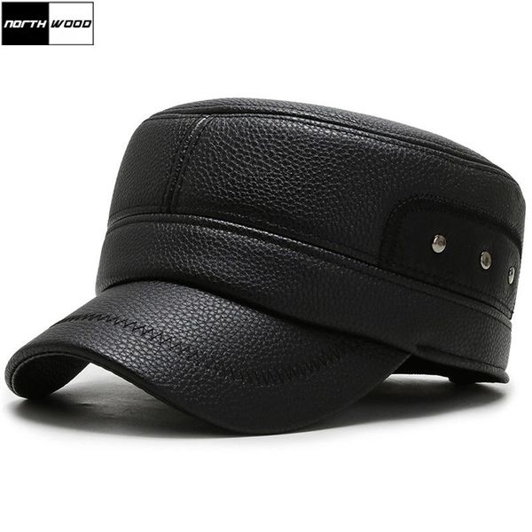 

[northwood] brand winter hat men warm thicken pu leather hats for man flat snapback hats with ear flaps, Blue;gray