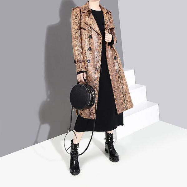 

women's leather & faux women slim snack print trench long jacket female office ladies spring fall pu coat windbreaker clothes, Black