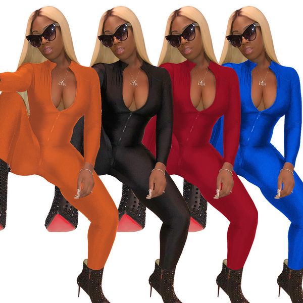 

7 color women long sleeve jumpsuit rompers capris stand collar overalls bodysuit designer women fall clothes night club skinny jumpsuit, Gray