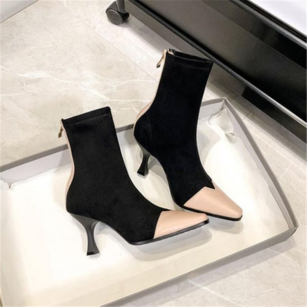 

botines mujer shoes woman square toe botas mujer leather stitching boots back zipper sapato feminino thin heels1, Black