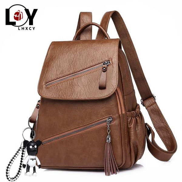 

vintage tassel pu leather multi-zip clamshell women backpacks soft school bags high capacity designer travel bags c1023