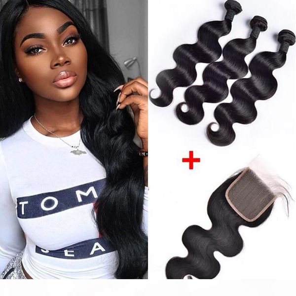 

brazilian body wave human hair weaves 3 bundles with 4x4 lace closure bleach knots straight loose deep wave curly hair wefts with closure, Black