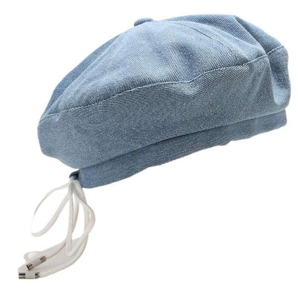 

japanese women autumn denim cotton beret cap sweet ribbon lace-up bowknot vintage elegant newsboy painter beanie hat, Blue;gray