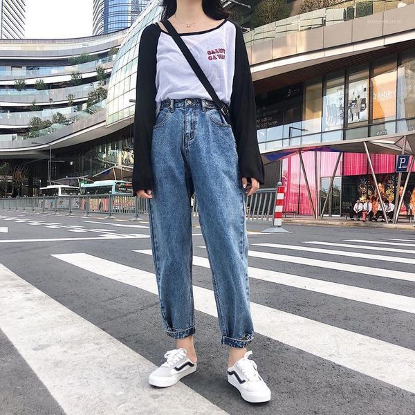 

women's jeans 2021 women's spring nine-point female retro bf wind loose harem pants high waist was thin student pants1, Blue