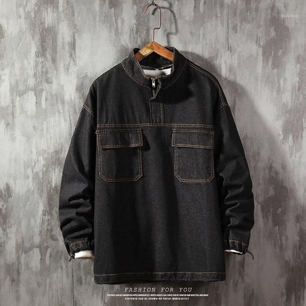 

vogue men's pullover denim jacket autumn winter pockets fashion casual large size tooling jacket denim jackets male, Black;brown