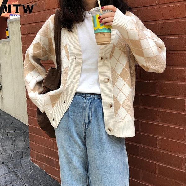 

women's knits & tees harajuku plaid v-neck cardigans women autumn winter knitted sweaters 2021 casual long sleeve loose patchwork outer, White