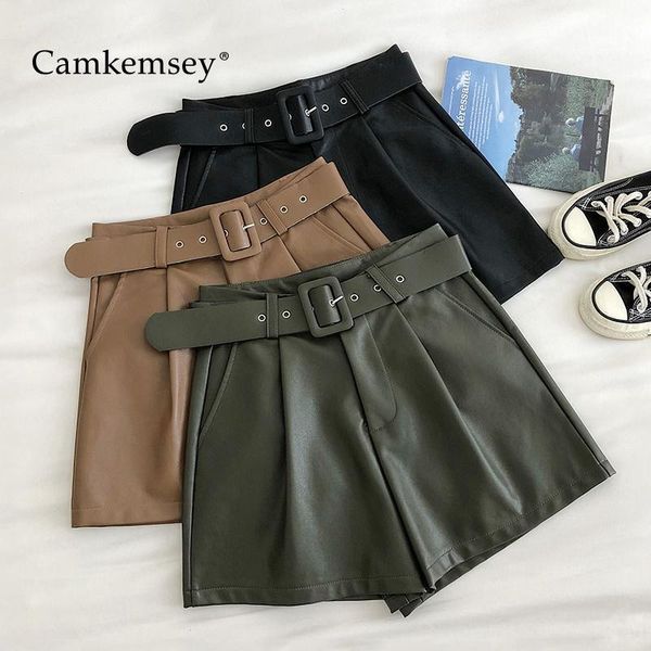 

camkemsey korean solid pu leather shorts with belt for women autumn casual high waist soft faux leather wide leg shorts1, White;black