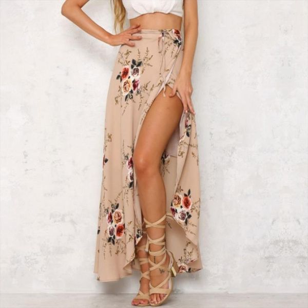 

повседневный пляж boho юбка женщины high split печати длинные юбки лета женщин стиль цветочные макси юбка женский streetwear, Black