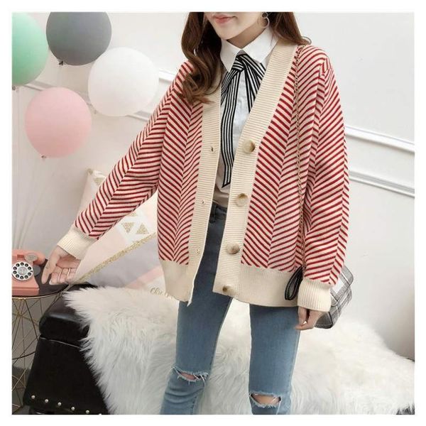 

4 colors-- casual striped v-neck loose cardigan1, White
