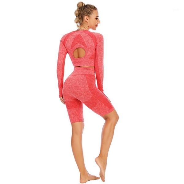 

2021 yoga autumn new back hollow solid color fitness long sleeve shorts set1, White;red