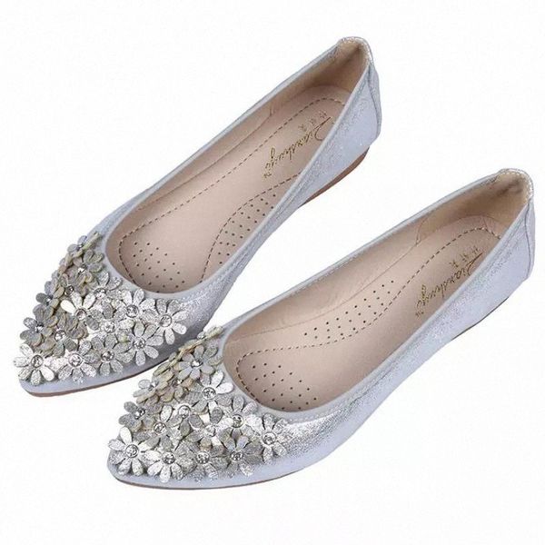 

gold silver flower crystal rhinestone flats floral shoes women soft comfortable rubber ballet flats pointed toe slip-on loafers #8t4i