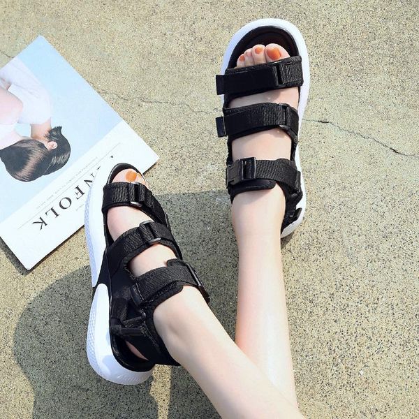 

comfortable flat with hook loop sandals women casual platform ankle strap gladiator shoes woman summer sandalias mujer, Black
