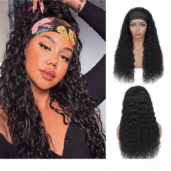

water wave headband wig human hair wigs for black women brazilian scarf wig glueless remy curly human hair wigs, Black;brown