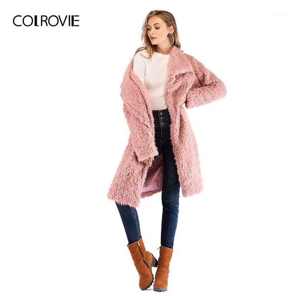 

colrovie pink waterfall collar solid teddy coat 2020 fashion fall winter warm solid coats glamorous midi outerwears1, Black