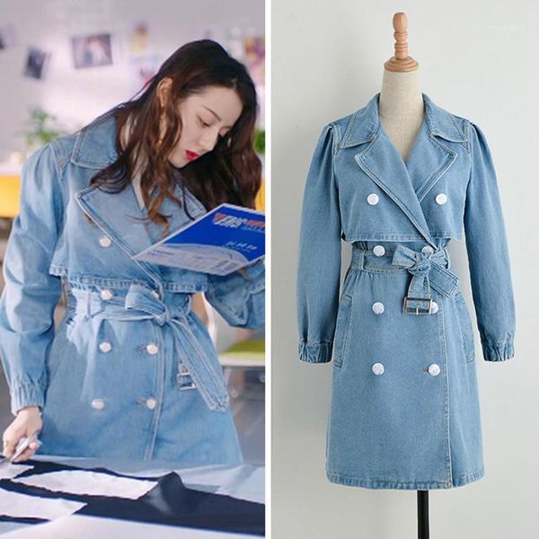 

light blue denim trench coat women casual mid-length lapel with belt abrigos 2020 double-breasted denim windbreaker women's z9981, Tan;black