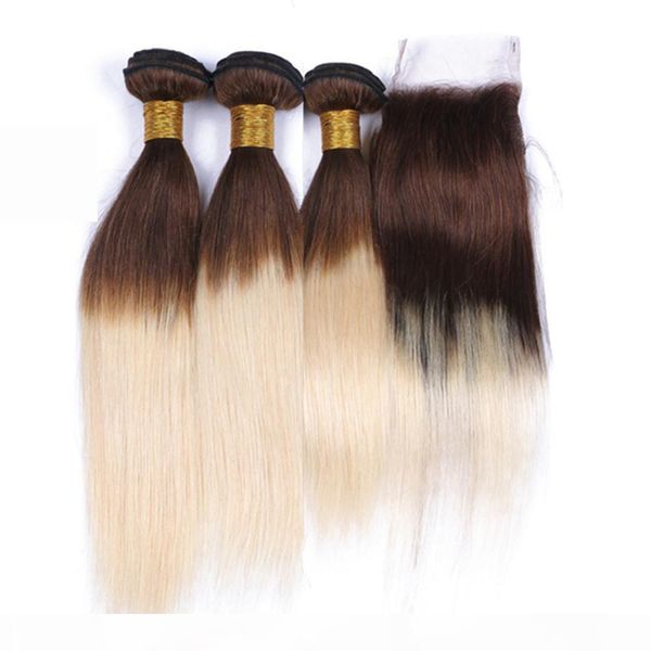 

peruvian brown and blonde ombre virgin hair weave with closure straight 4 613 medium brown root blonde ombre 4x4 lace closure with 3bundles, Black;brown