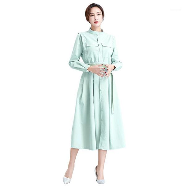 

2020 spring new womens single-breasted belt solid color long windbreaker stand collar long sleeve large swing slim trench ld12591, Tan;black