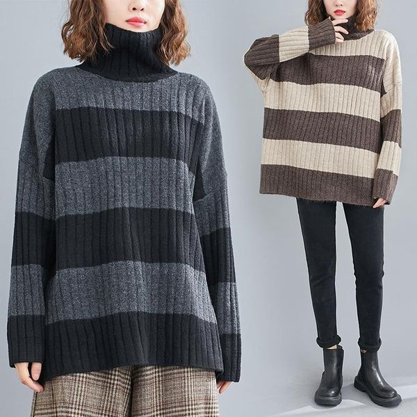 

2021 new winter style women's clothing lazy wind stripe turtleneck loose korean thick sweater soft, White;black
