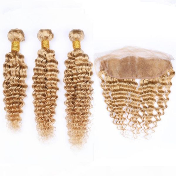 

indian virgin human hair #27 honey blonde deep wave 3pcs bundles with frontal closure 13x4 light brown weave wefts with lace frontal, Black
