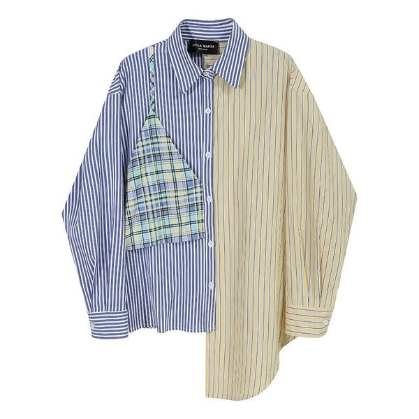 

superaen korean style autumn new design asymmetric striped shirt full cardigan blouse women, White