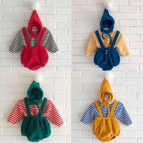 

2021 new boy clothes set striped long sleeve and overalls + hat 3pcs kids clothing sets baby girl jumpsuit outfits elzq, Blue